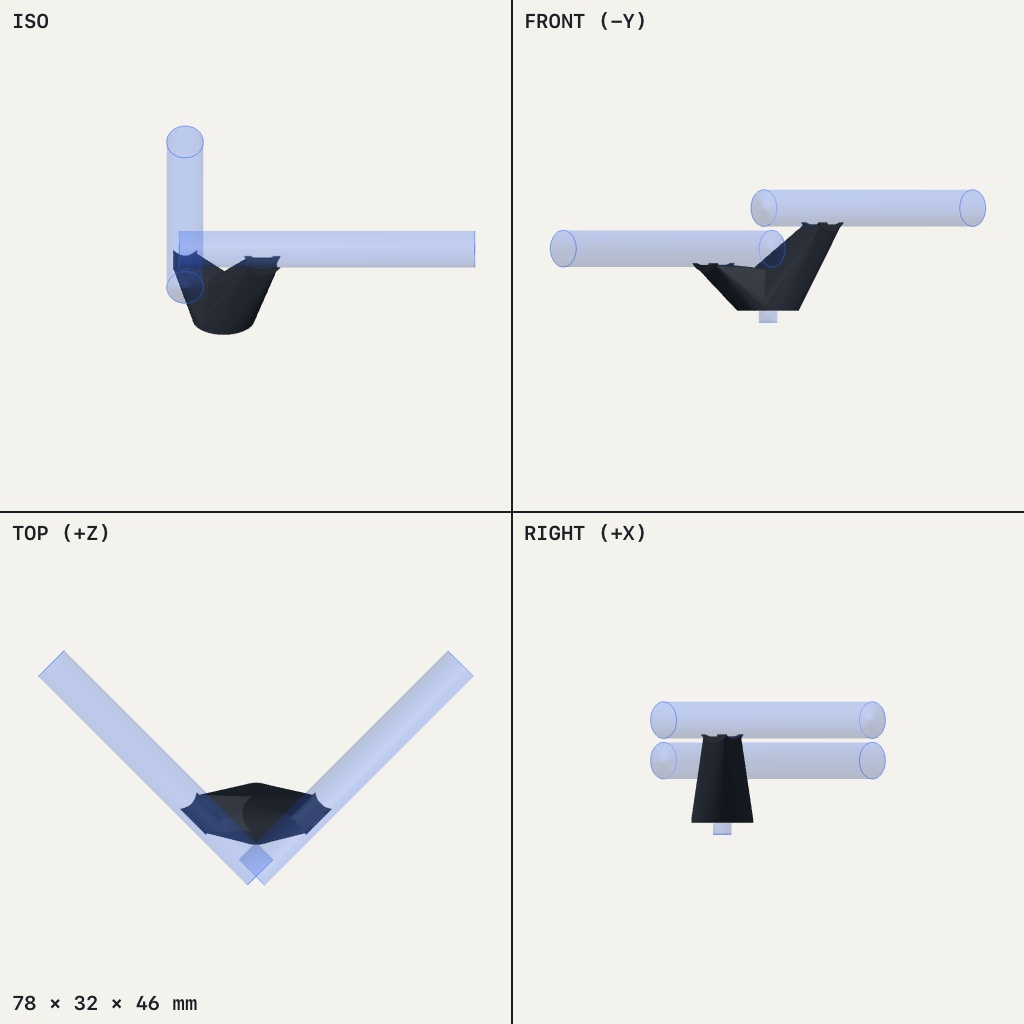 Dark V-shaped mount cradling two crossed cylindrical mics at right angles, with a short stem below