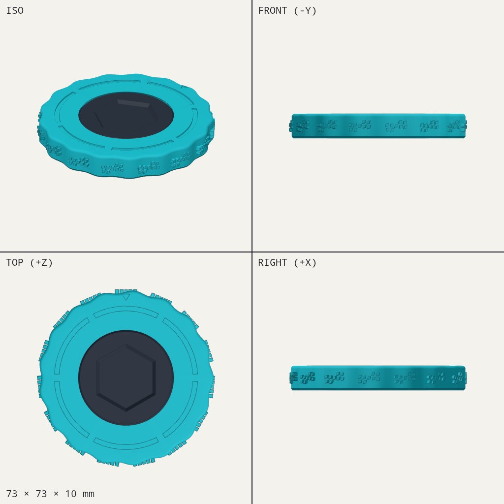 Flat round teal spinner with a wavy edge and a dark hexagon logo in the middle