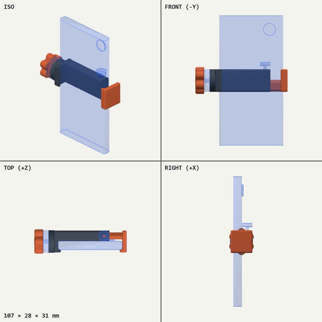 Small clamp with a round orange knob and flat orange pad gripping the edges of a phone