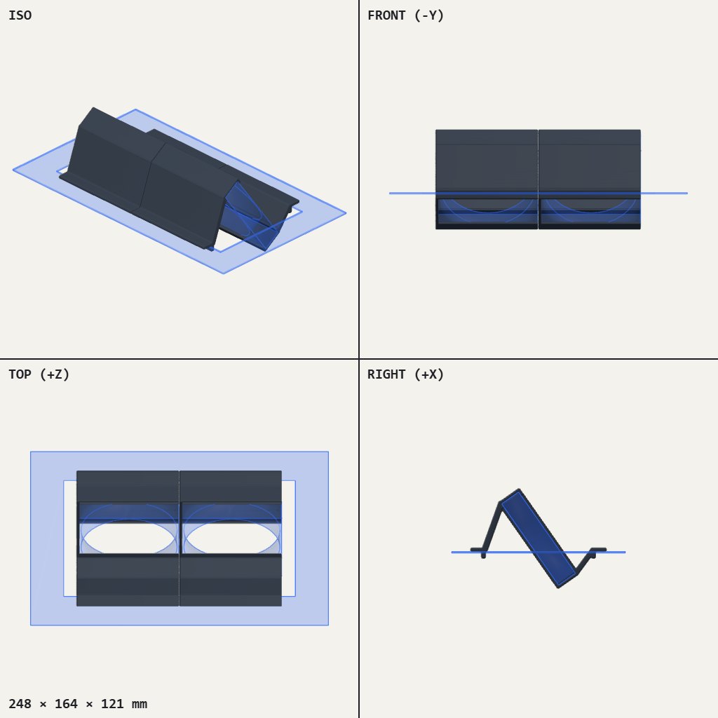 Two dark 120 mm fan frames side by side, tilted on a shelf with small lips over a cut-out