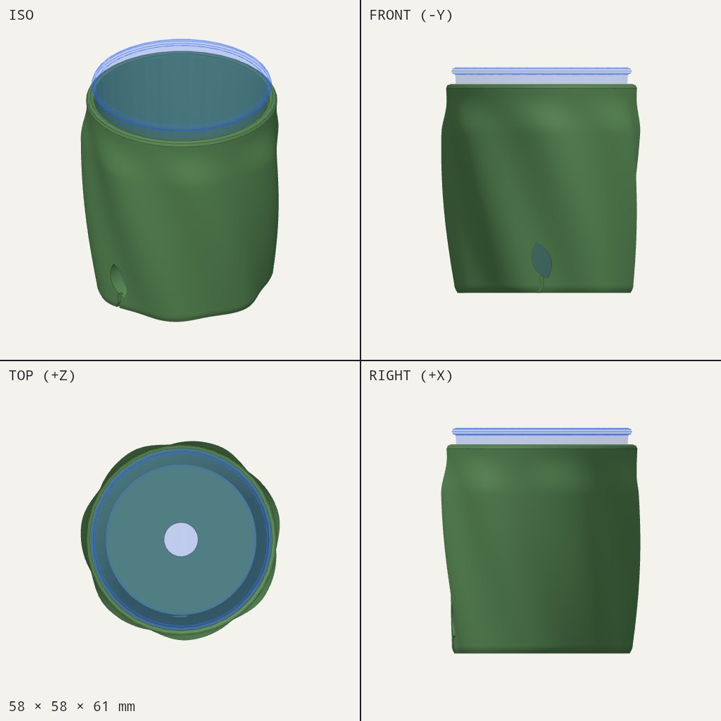 Green cup sleeve with rippling, twisted petal sides and a small leaf-shaped cutout near the base