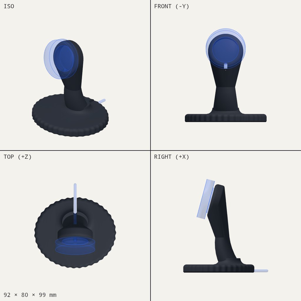 Dark stand with a round base, a leaning neck and a tilted round head holding a watch charger puck