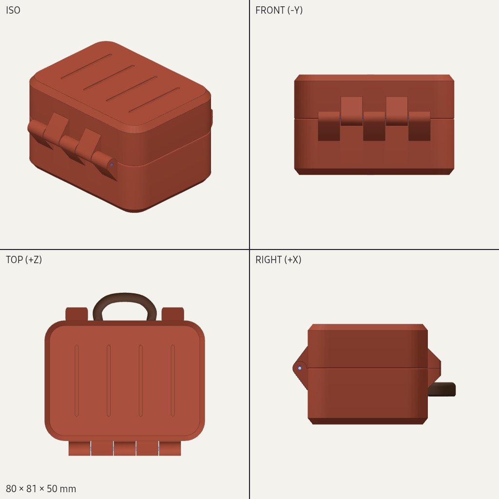Small rust-red suitcase with a ridged lid, a handle on the back and hinges along the front