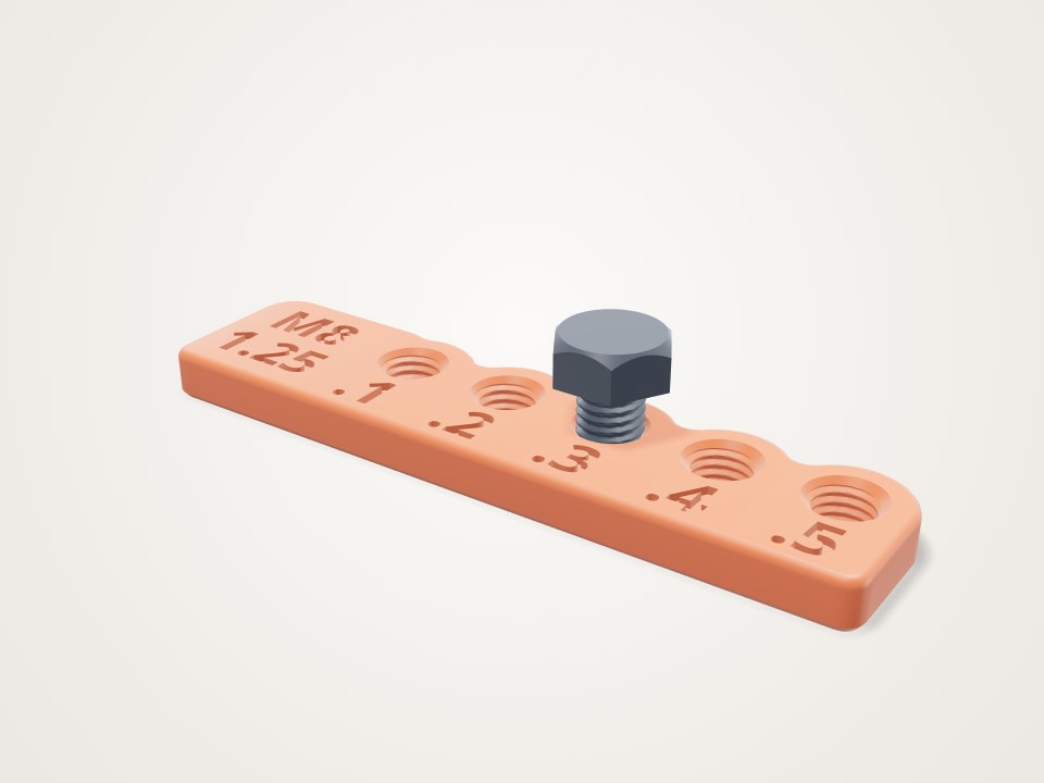 Orange strip with five threaded holes labelled .1 to .5 and a grey hex bolt standing in one