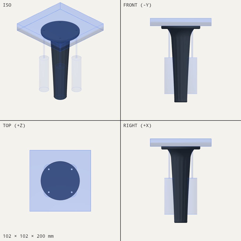 Dark tapered table leg with fluted sides and a round top plate with four small holes