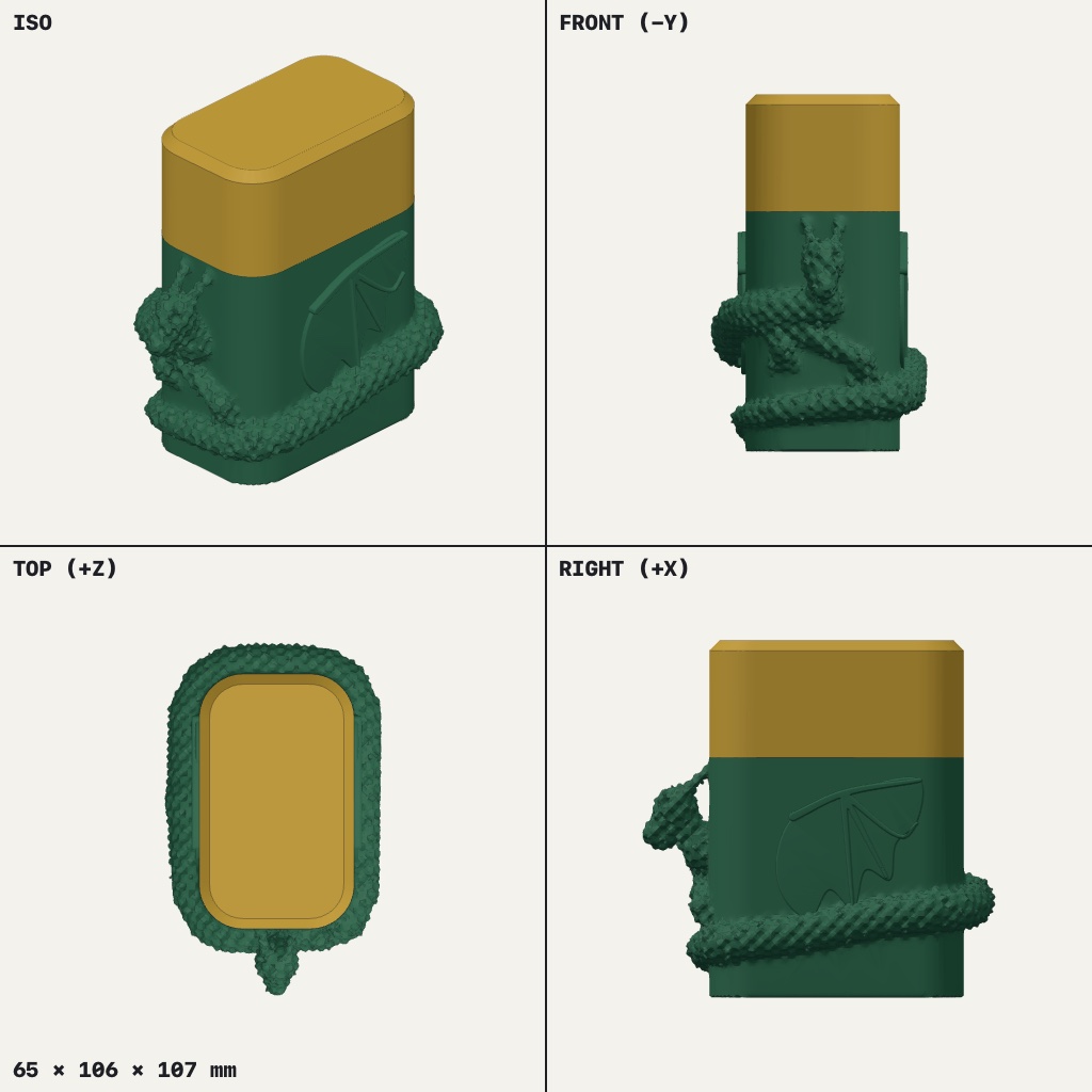 Rounded green case with a scaly dragon coiled around it and a gold lid