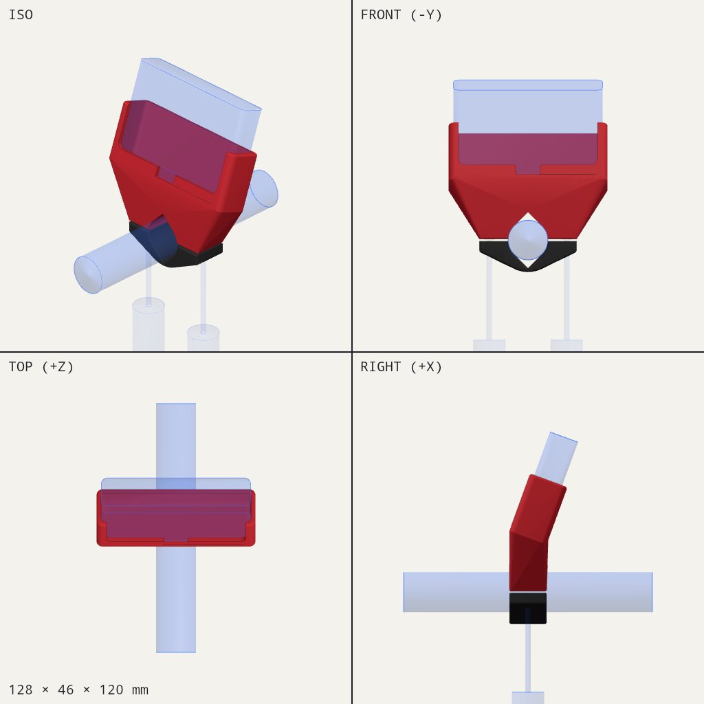 Red cradle on a black clamp gripping a round column, tilted back to hold a flat screen