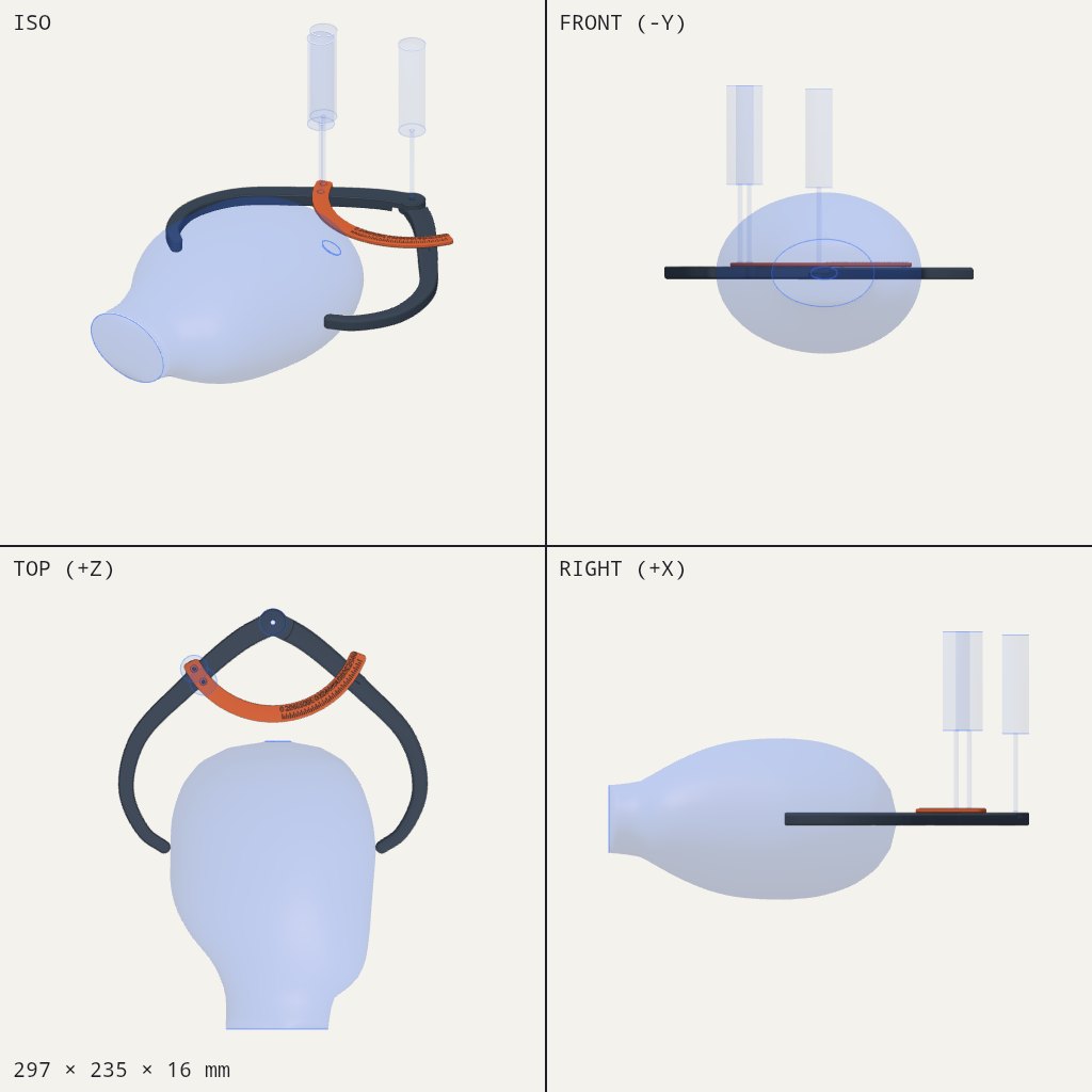 Two dark curved arms joined at a pivot, with an orange scale arc, spread around a head shape