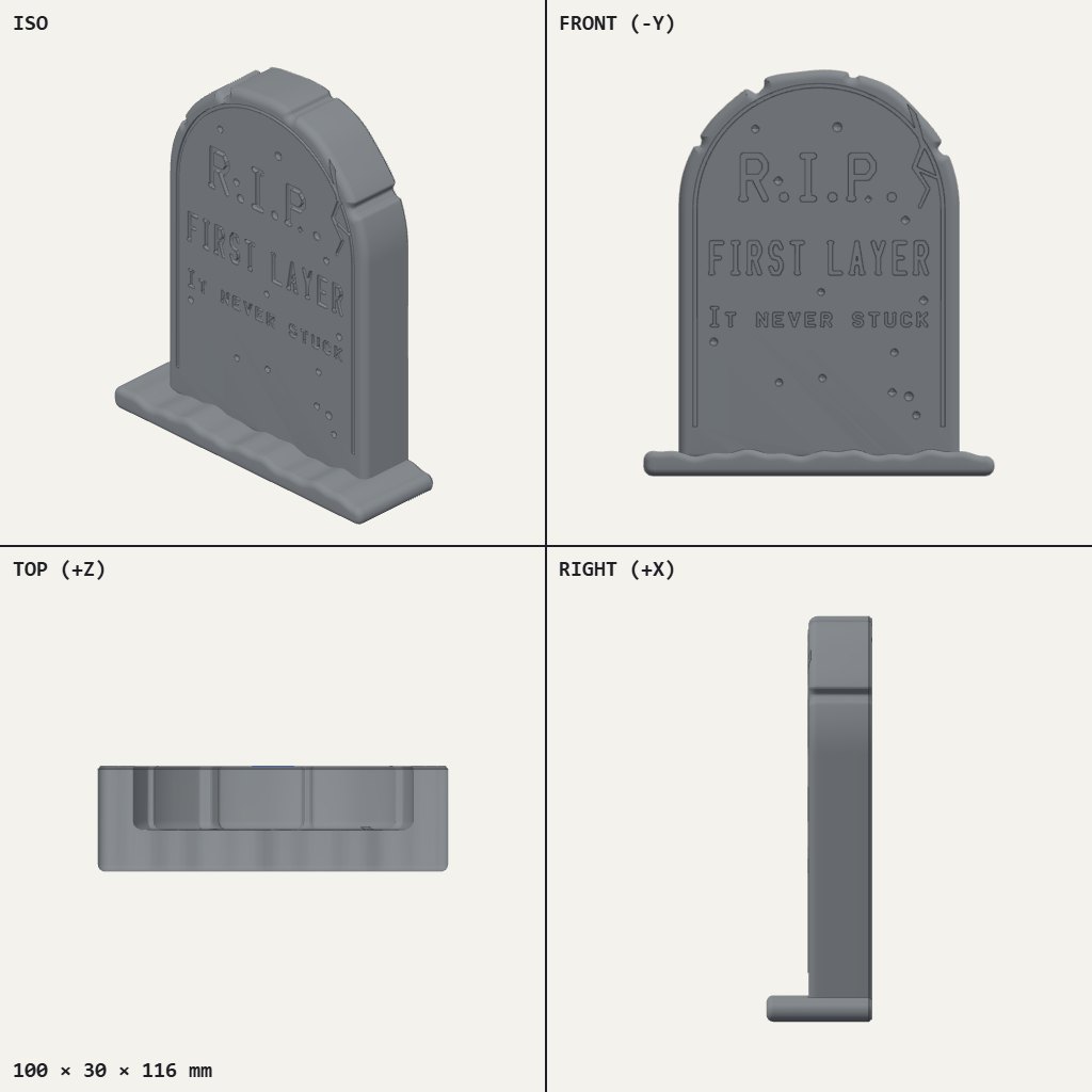 Rounded gravestone with a cracked top corner, engraved R.I.P. First Layer, standing on a wavy dirt base