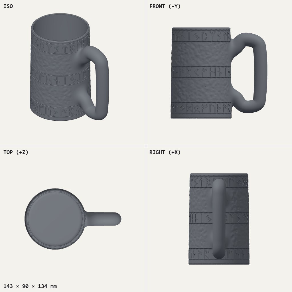 Tall round tankard with three bands of runes, a hammered surface and a thick loop handle