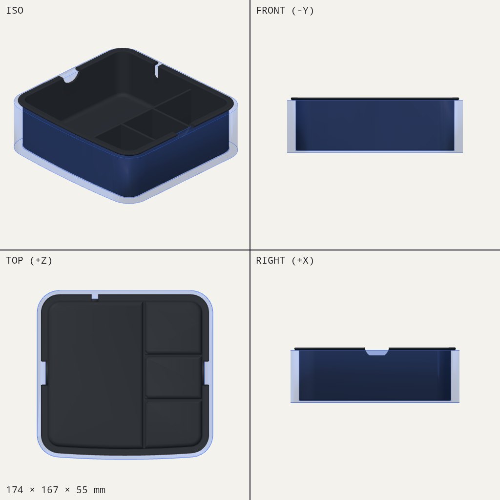 Shallow dark tray with one large bay and three small compartments, curved front edge