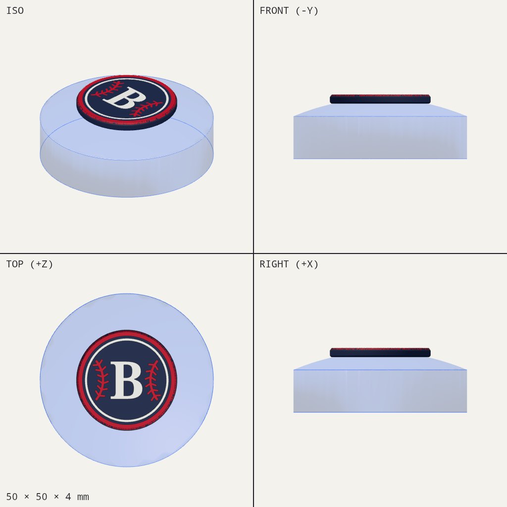 Round navy badge with a red rim, white letter B and red baseball stitches, on a curved base