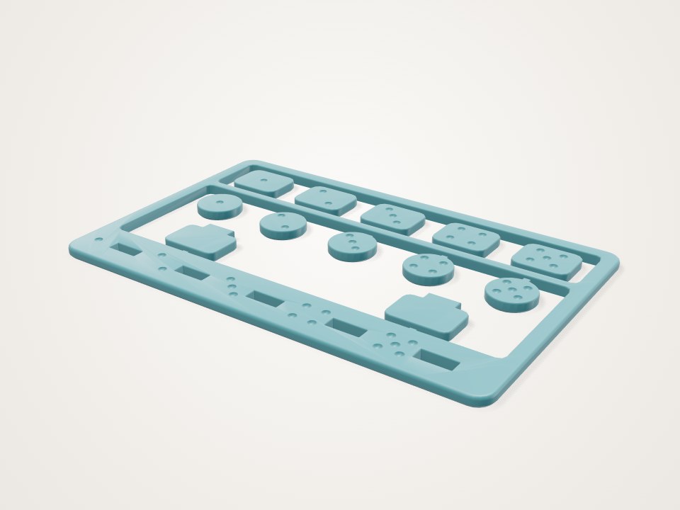 Flat teal card with two rows of small dotted tabs on a frame and a row of slots with dot markings along one edge