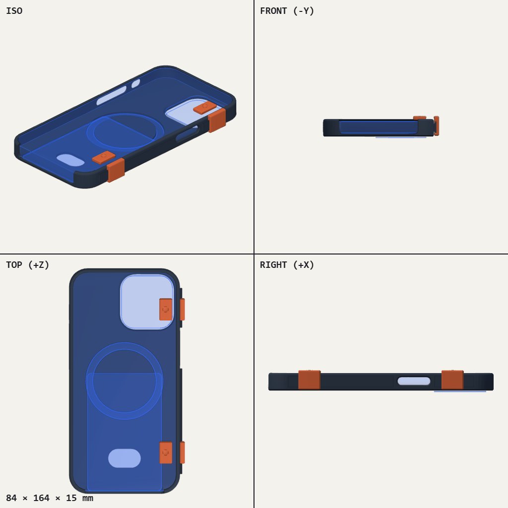 Dark phone case with a camera cutout, a round MagSafe ring and two orange buttons on its side edge
