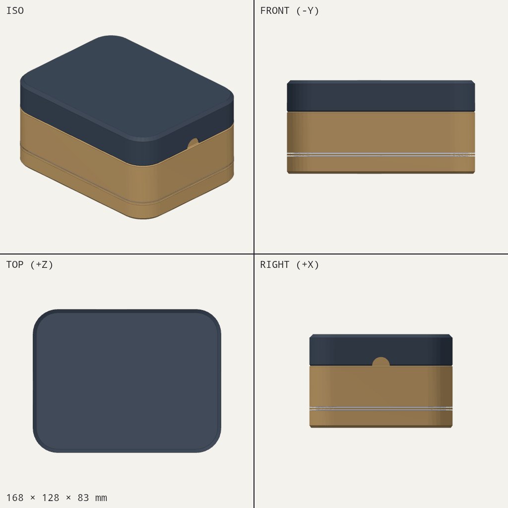 Rounded rectangular box with a dark lid sitting over a tan base, with a small notch on the side