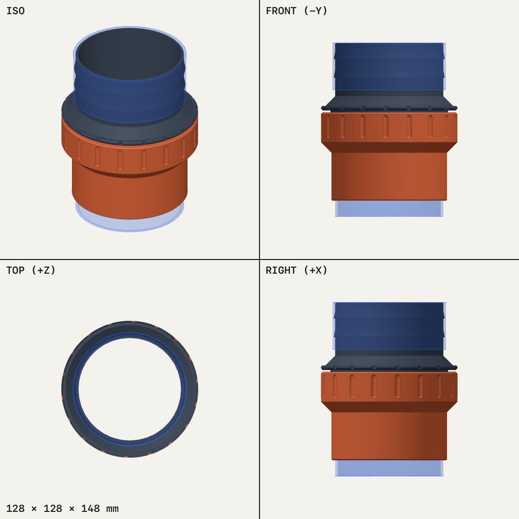 Two-part hose adapter with a ribbed blue spigot above an orange twist collar and socket