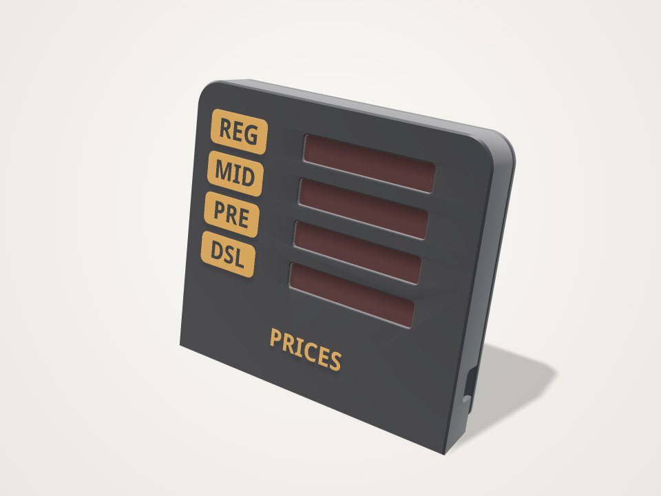 Dark grey desk sign with four orange labels, four dark red windows and the word PRICES below