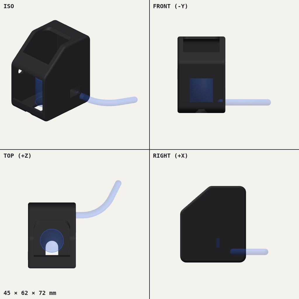 Dark boxy housing with a sloped front roof, a front opening and a thin hose leaving the side