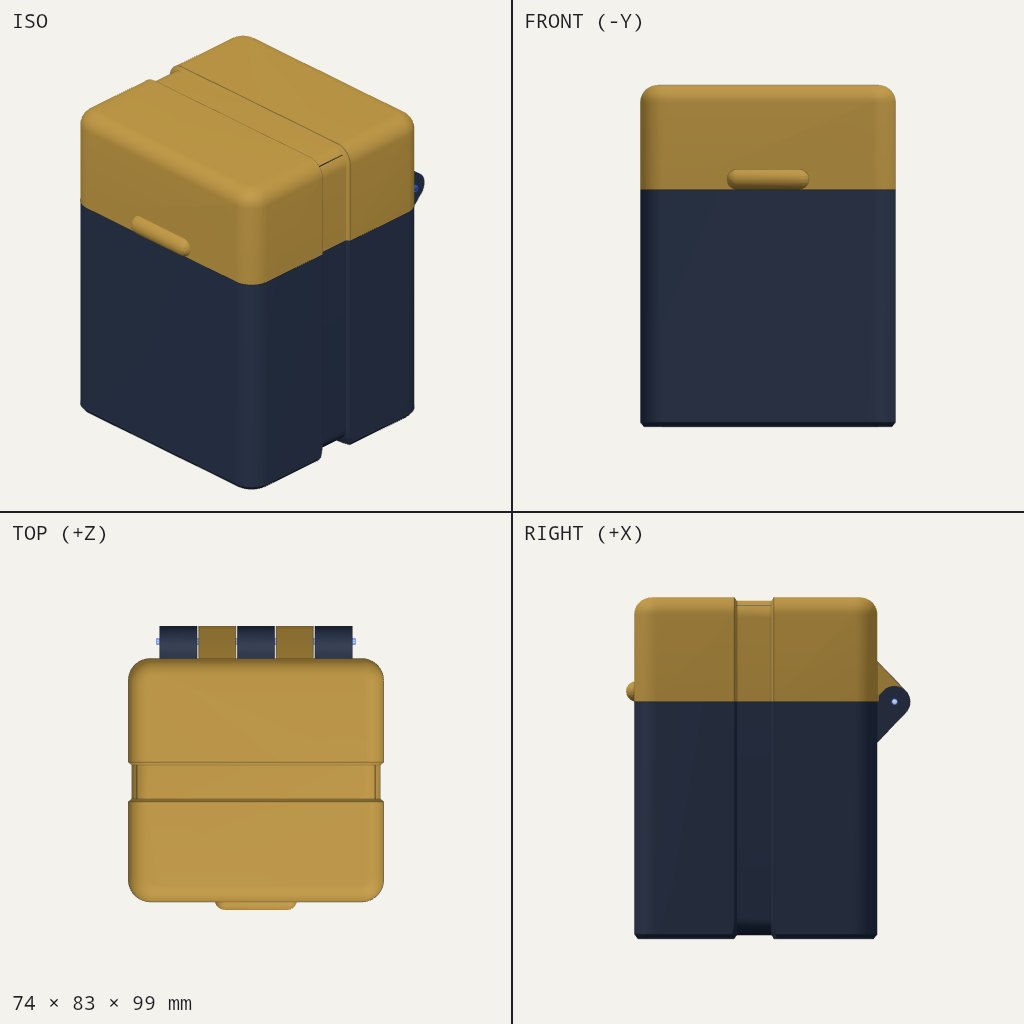 Upright two-tone box with a lid over a dark base and a small pull tab on the front
