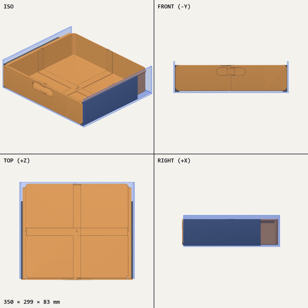Wide shallow drawer with a pull slot on the front, sitting between two clear side rails