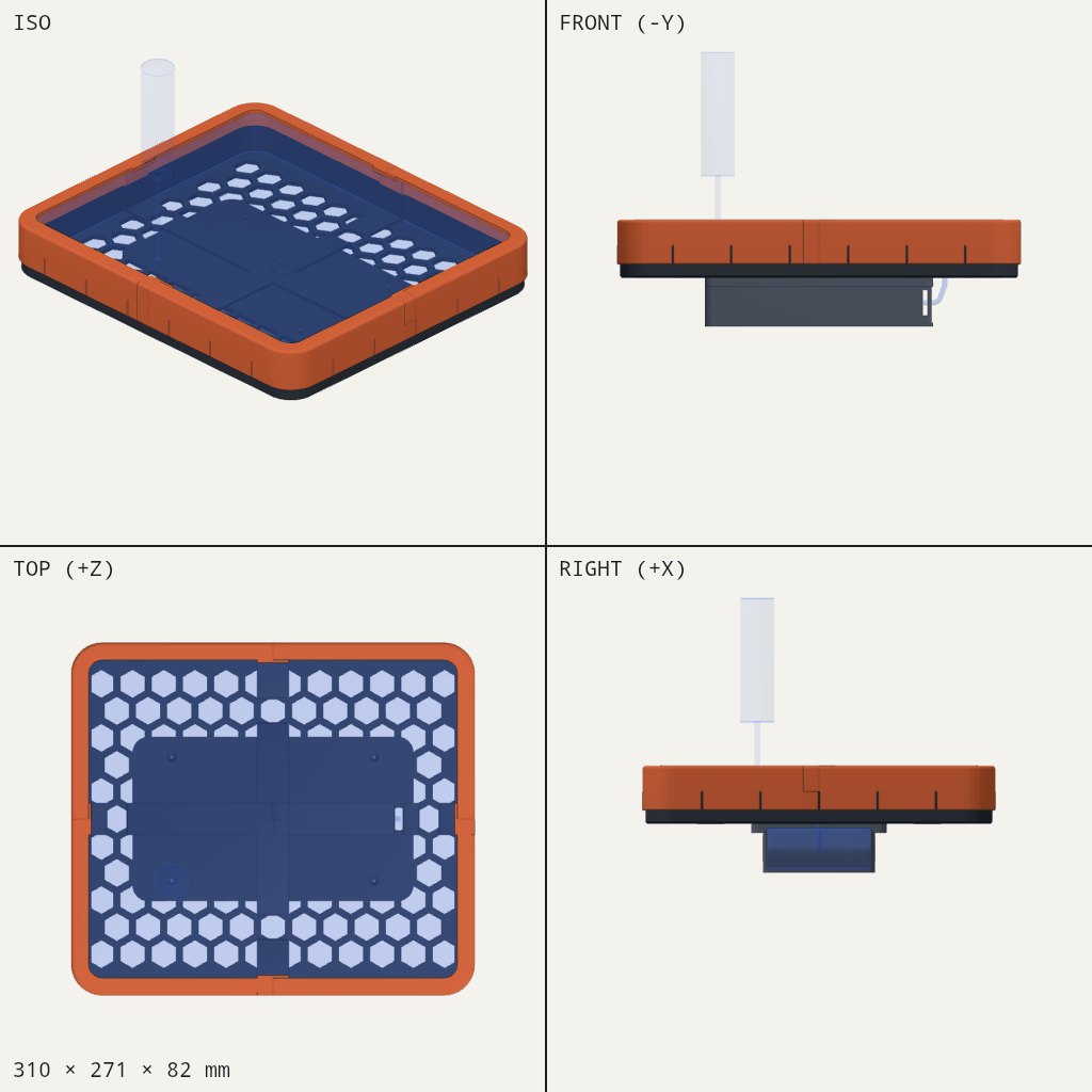 Shallow orange tray with a honeycomb floor and a battery pocket slung underneath