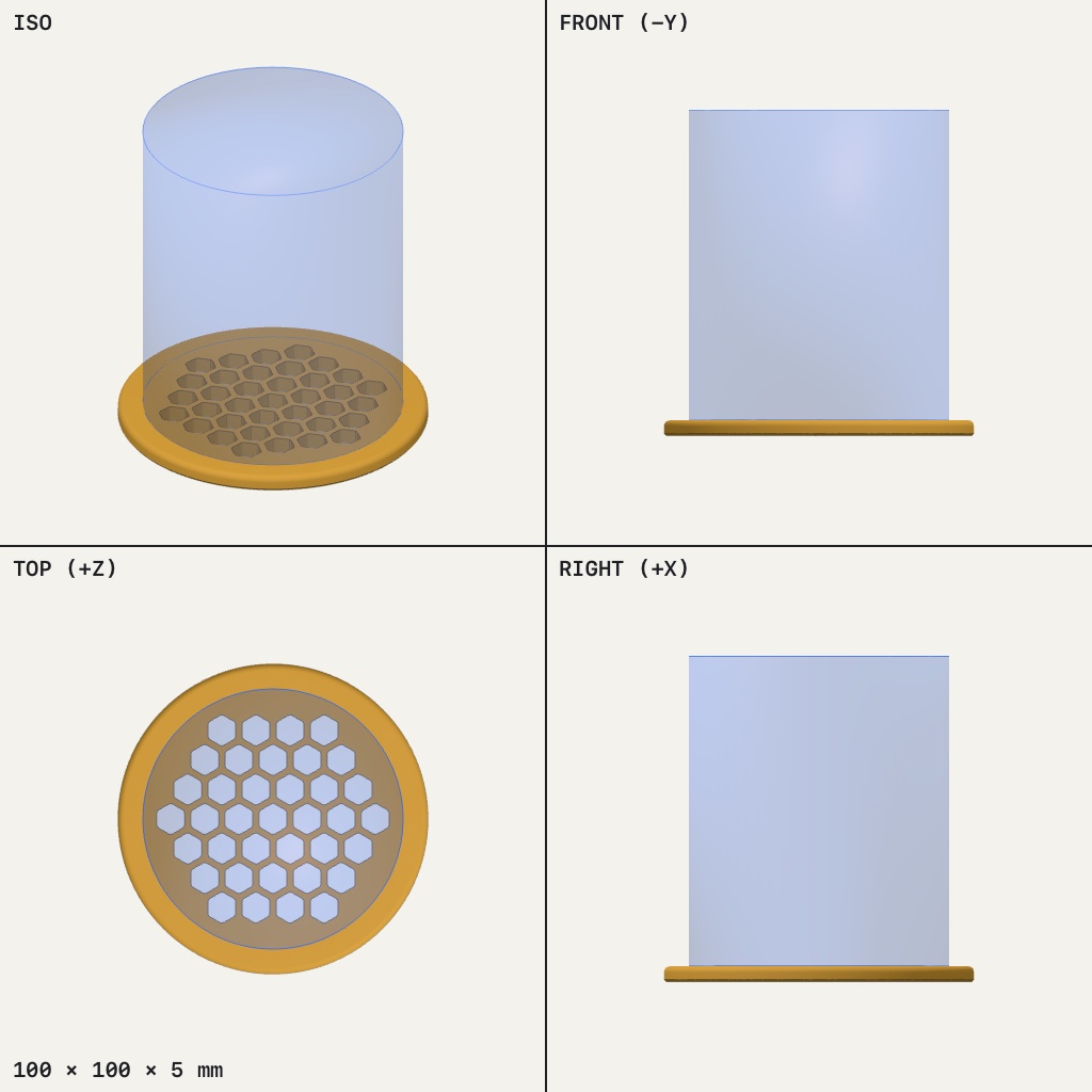 Flat round coaster with a honeycomb of hexagon holes inside a solid rim