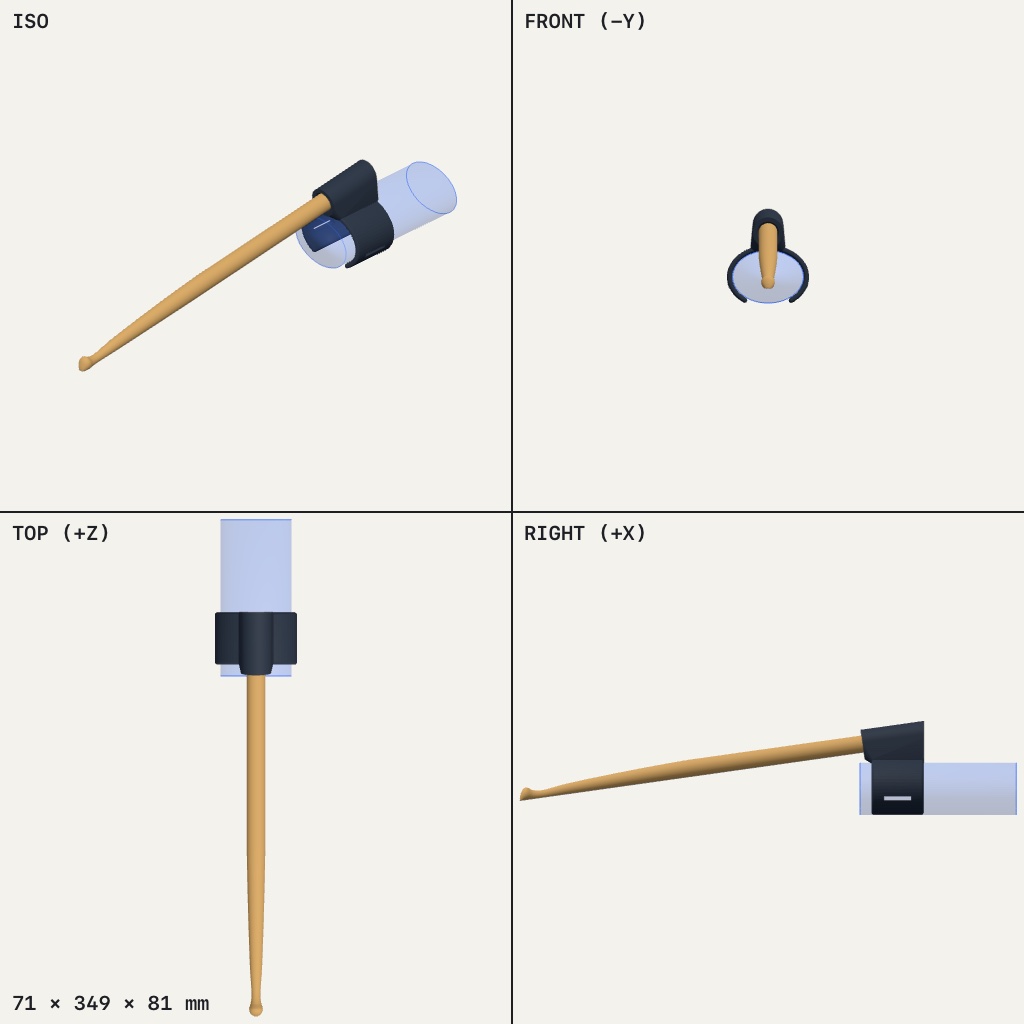 Wooden drumstick seated in a dark open wrist cuff, angled slightly downward