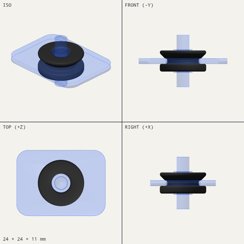 Black rubber grommet with a groove around its waist, a flange on each side and a sleeve through the middle