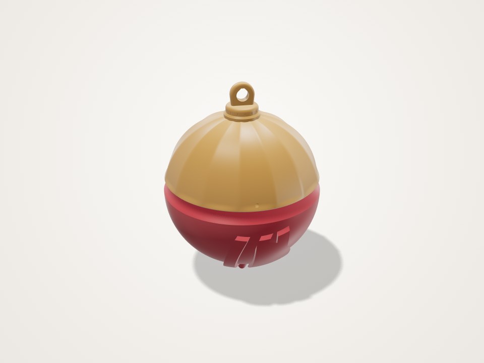 Round bauble with a ribbed gold top and loop, over a red base with a number on it