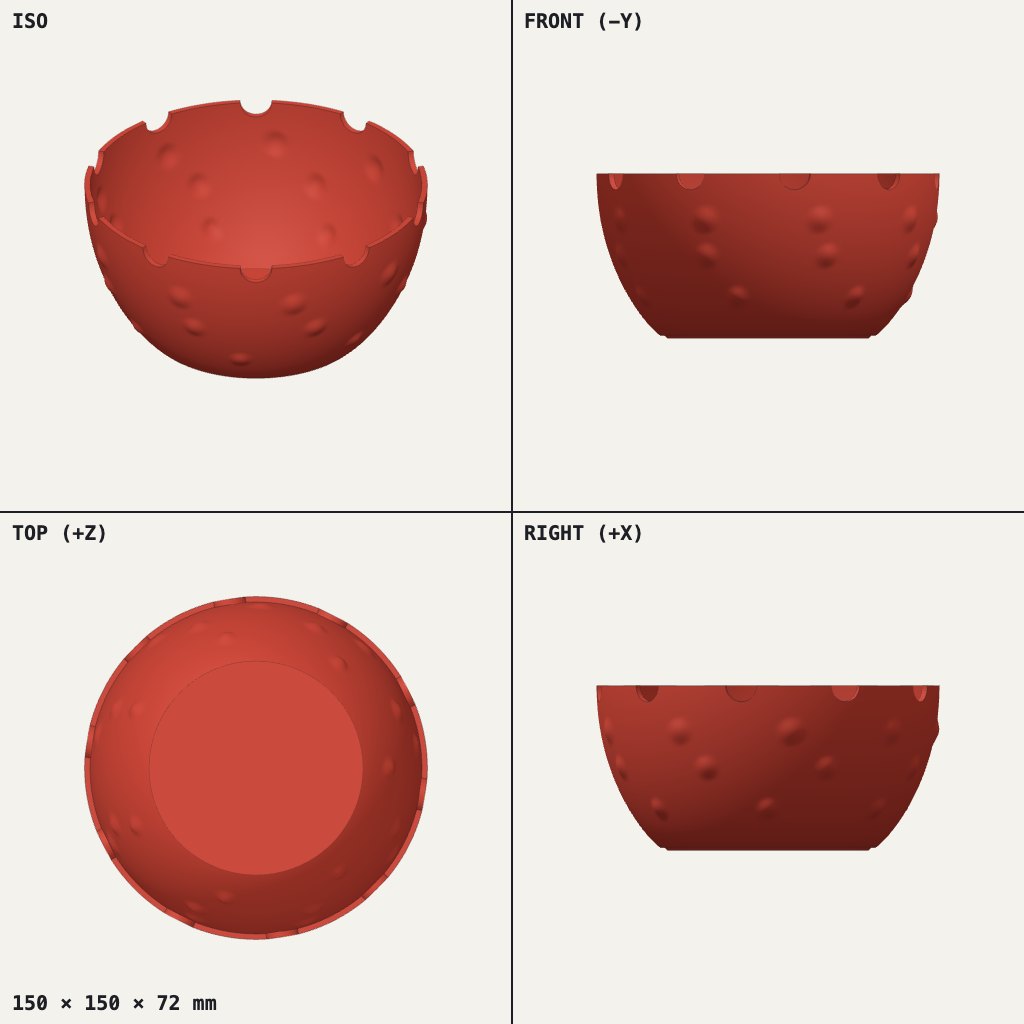 Red round bowl with small dimples on the outside and a notched, castle-like rim