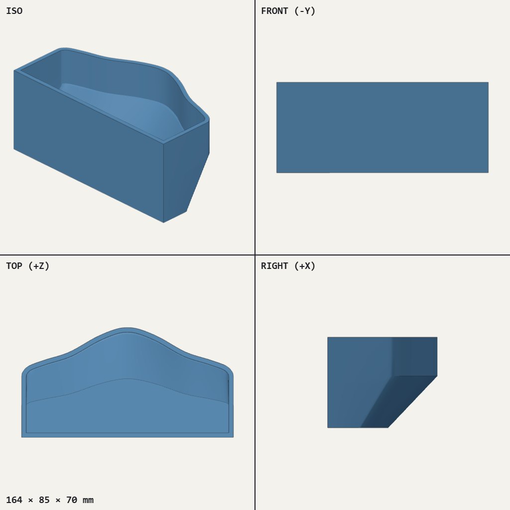 Open-topped blue shell with a straight front wall and a wavy, humped back edge
