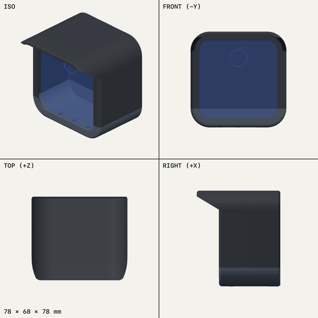 Dark boxy camera housing with rounded corners, an overhanging hood on top and an open front