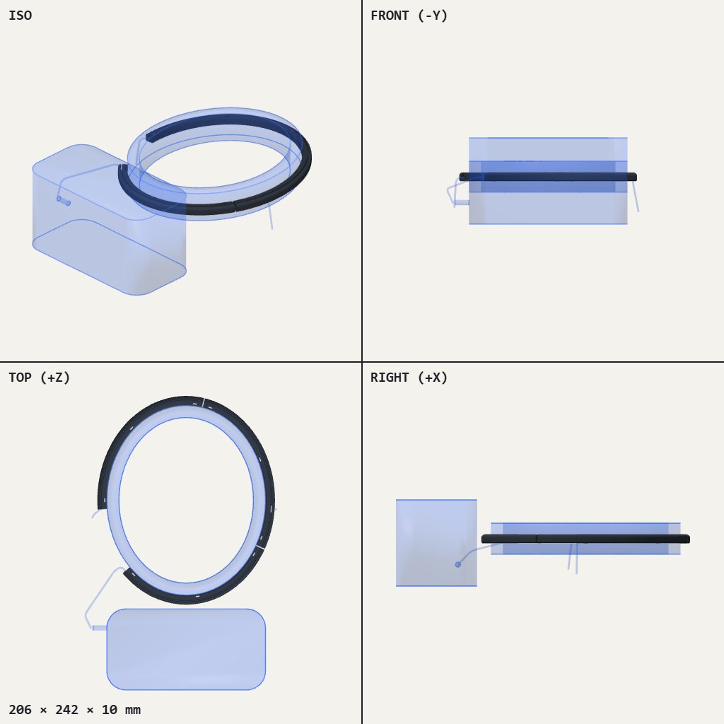 Oval band with a small rounded block beside it, joined by a thin cord guide