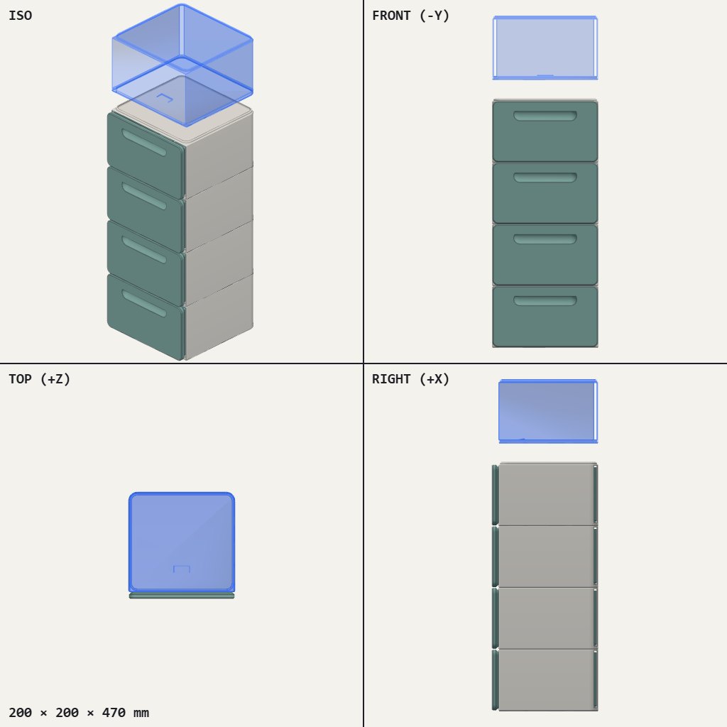 Tall stack of four green drawers with finger slots, grey vented sides and a lid-like top tray