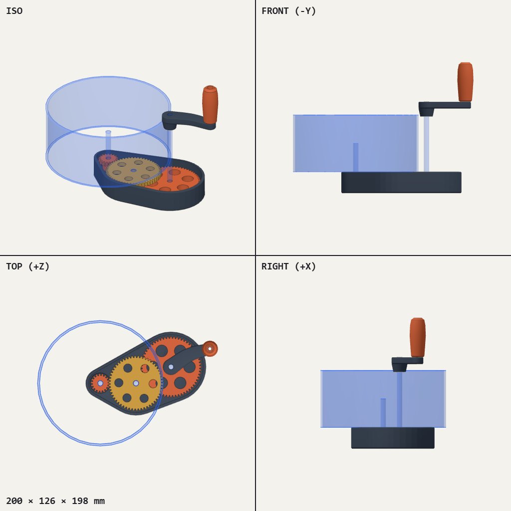 Flat gear base with a long crank and orange handle beside a clear cylindrical bowl