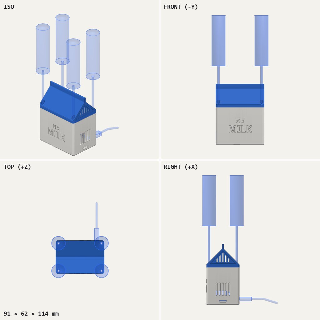 Small grey milk carton with a blue gabled lid, vent slots on the side and a cable coming out