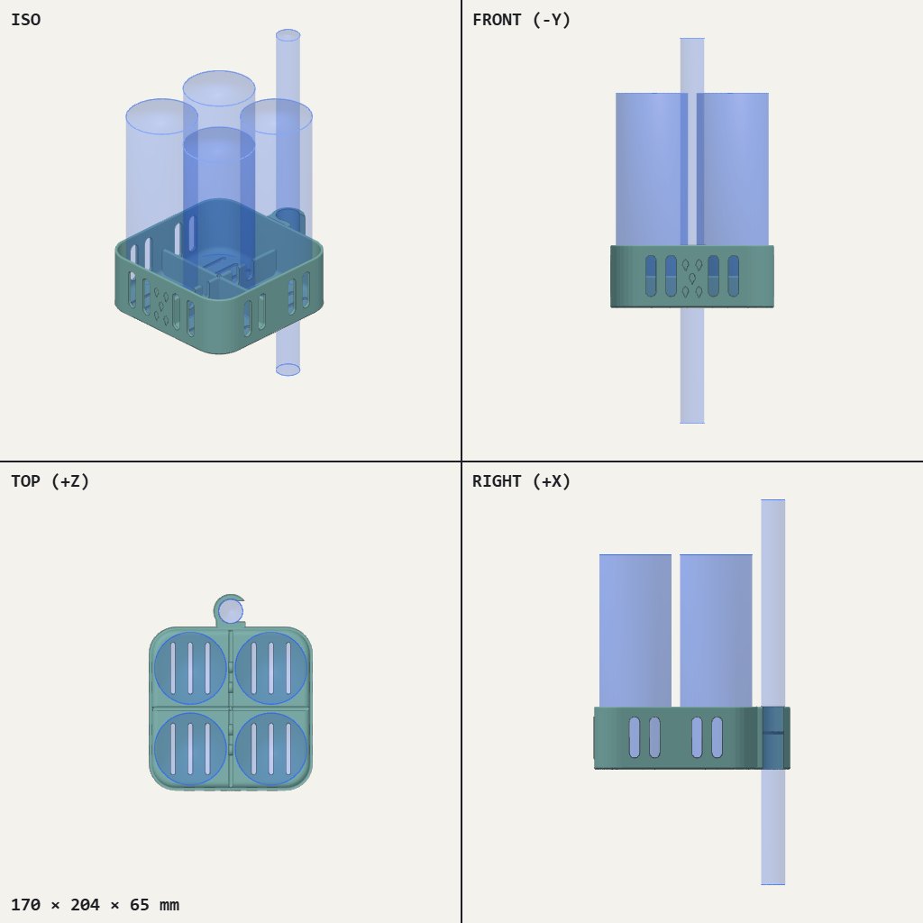 Square four-cell basket with slotted walls and a round clip loop at one edge, shown holding four bottles