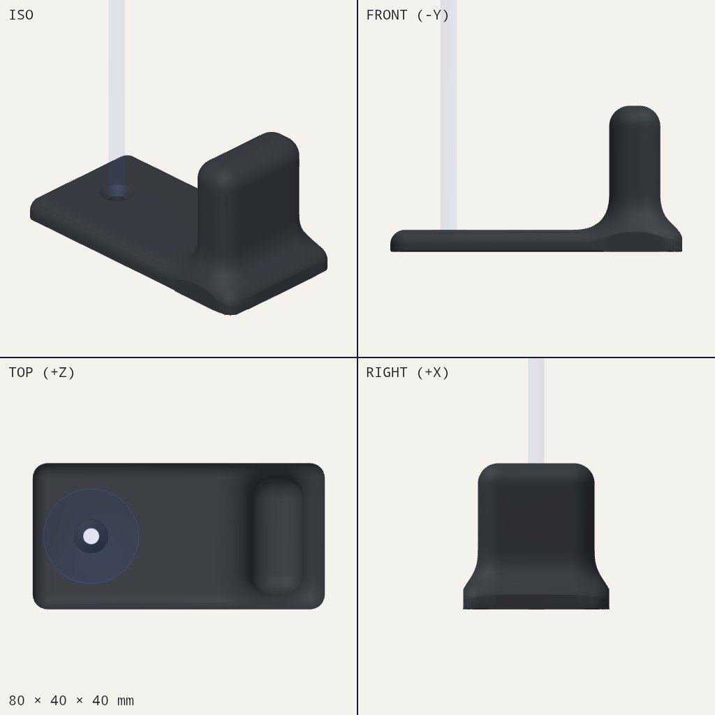 Flat rectangular pad with a screw hole at one end and a rounded upright block at the other