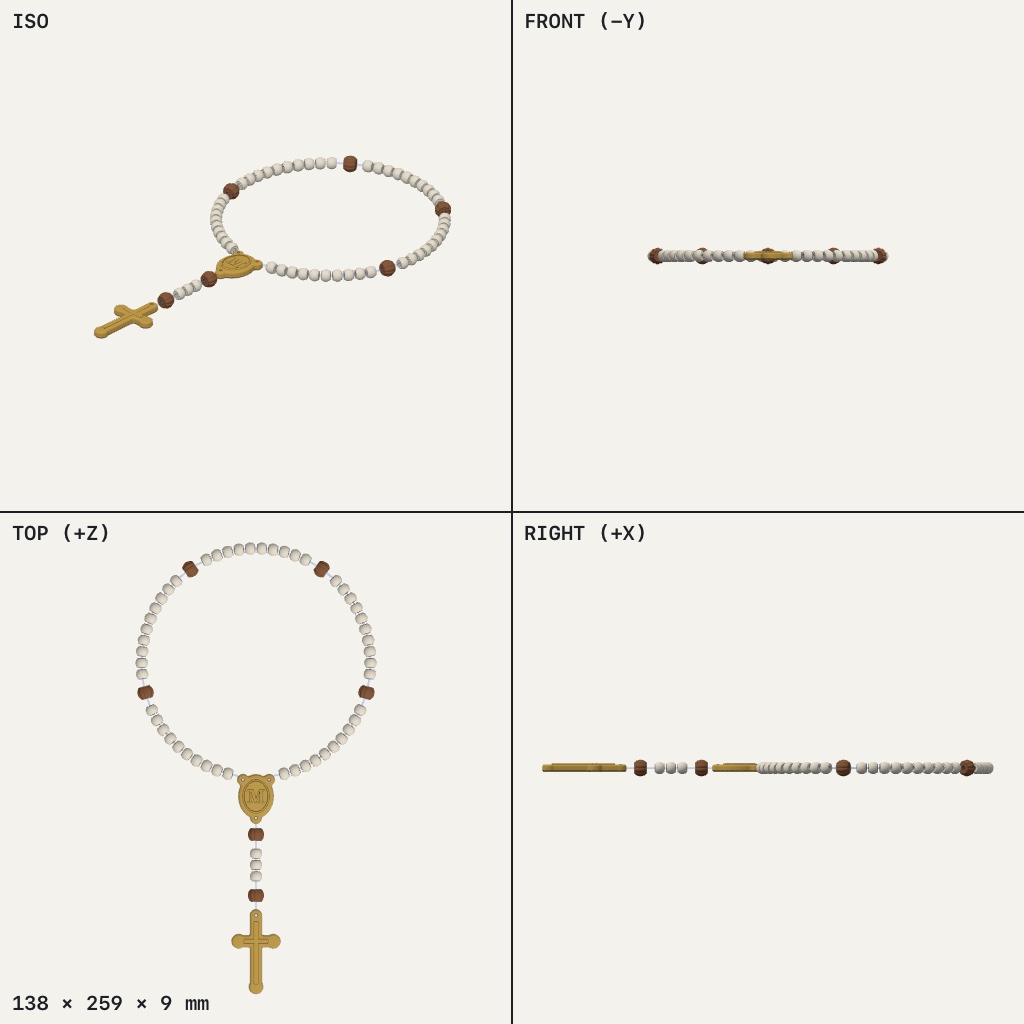 Rosary loop of pale and dark beads with a gold medal and a cross hanging from a short tail