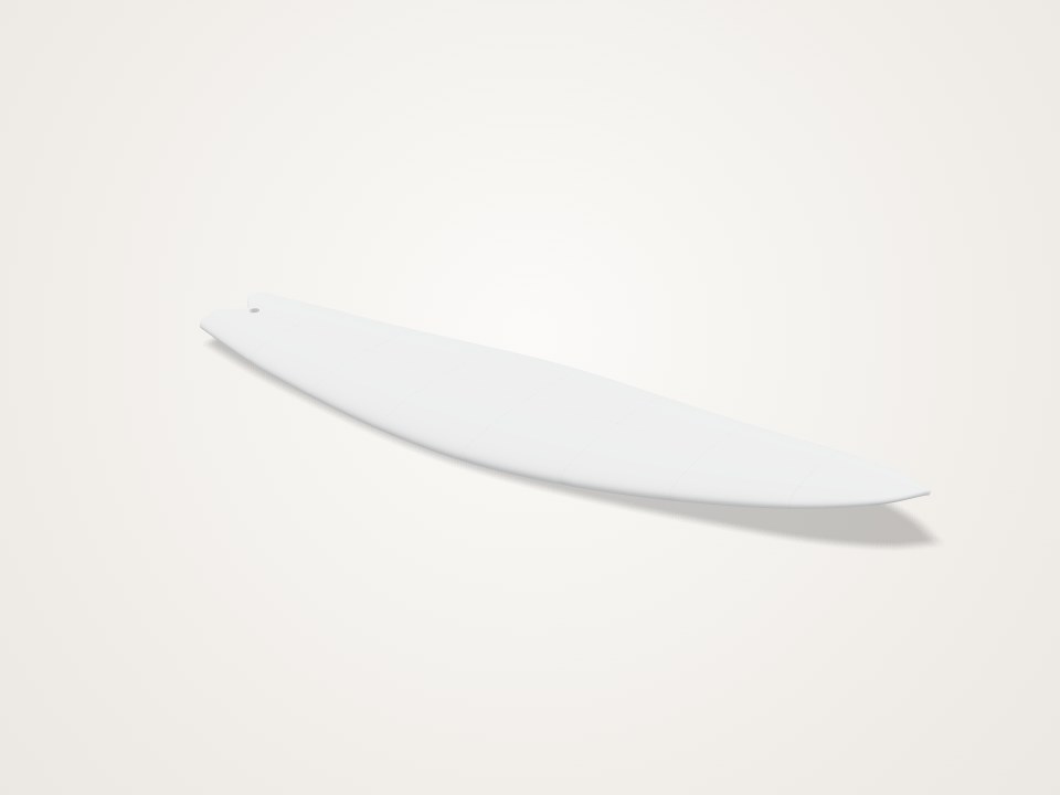 Long, slim, pointed surfboard blank with a small hole near one end