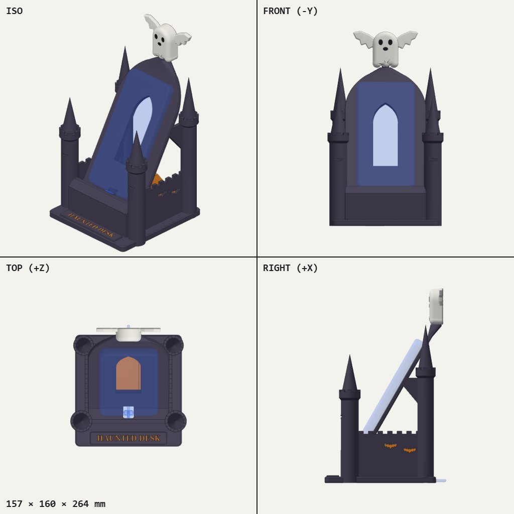 Dark castle-shaped phone stand with four towers, a small winged ghost on top and a HAUNTED DESK plate