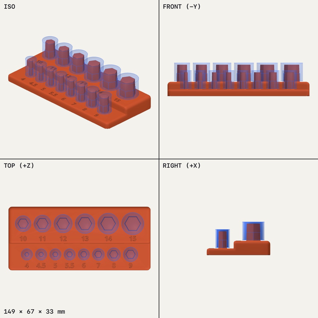 Orange tray with three stepped rows of pegs holding sockets, each size labelled