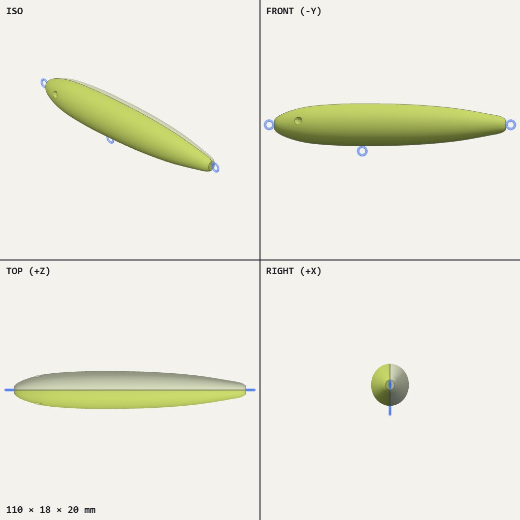 Slim torpedo-shaped lure body in lime green with a small wire loop at each end and one underneath