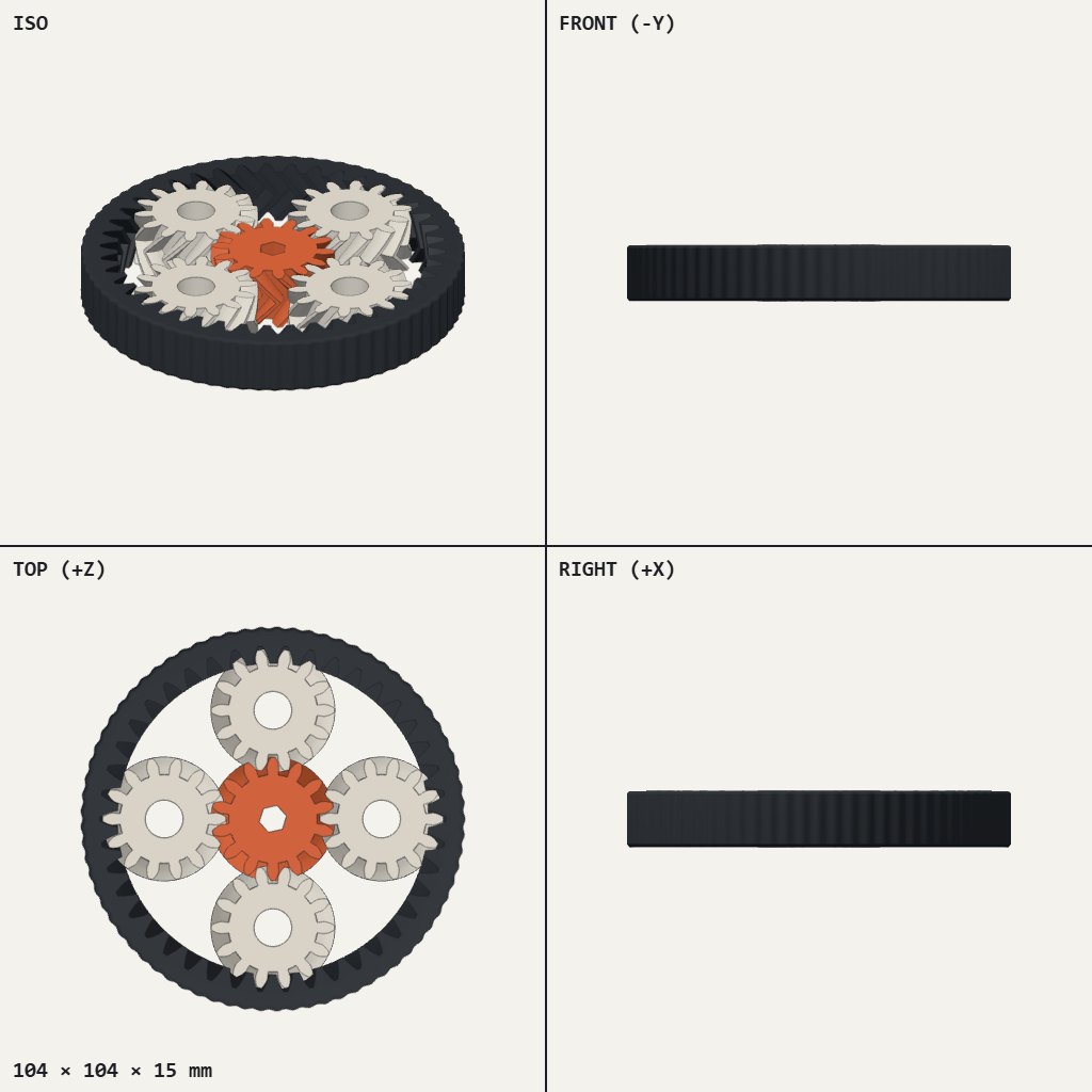 Dark toothed ring holding four light gears around an orange centre gear with a hex hole