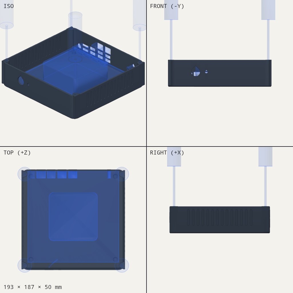 Flat dark square case with slotted sides, port openings along one edge and four pillars for screws