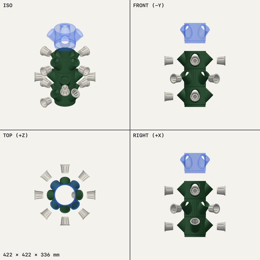 Green ring-shaped tower modules with angled pockets and grey net cups, plus a blue top cap