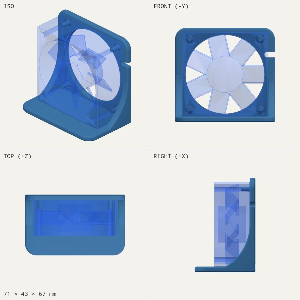 Blue L-shaped bracket with a round fan opening, four corner pegs and a side notch, on a flat foot