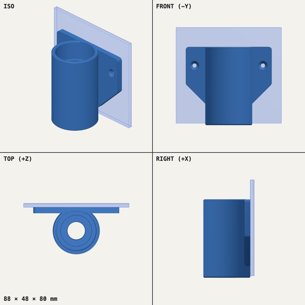 Upright round tube on a flat wall plate with a screw hole in each wing