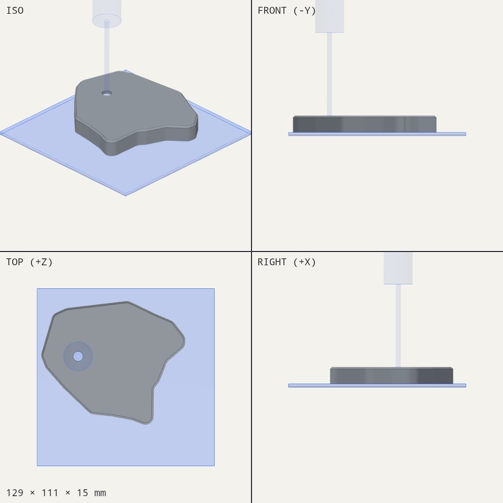 Flat, irregular-shaped shallow tray cover with one round hole near its edge