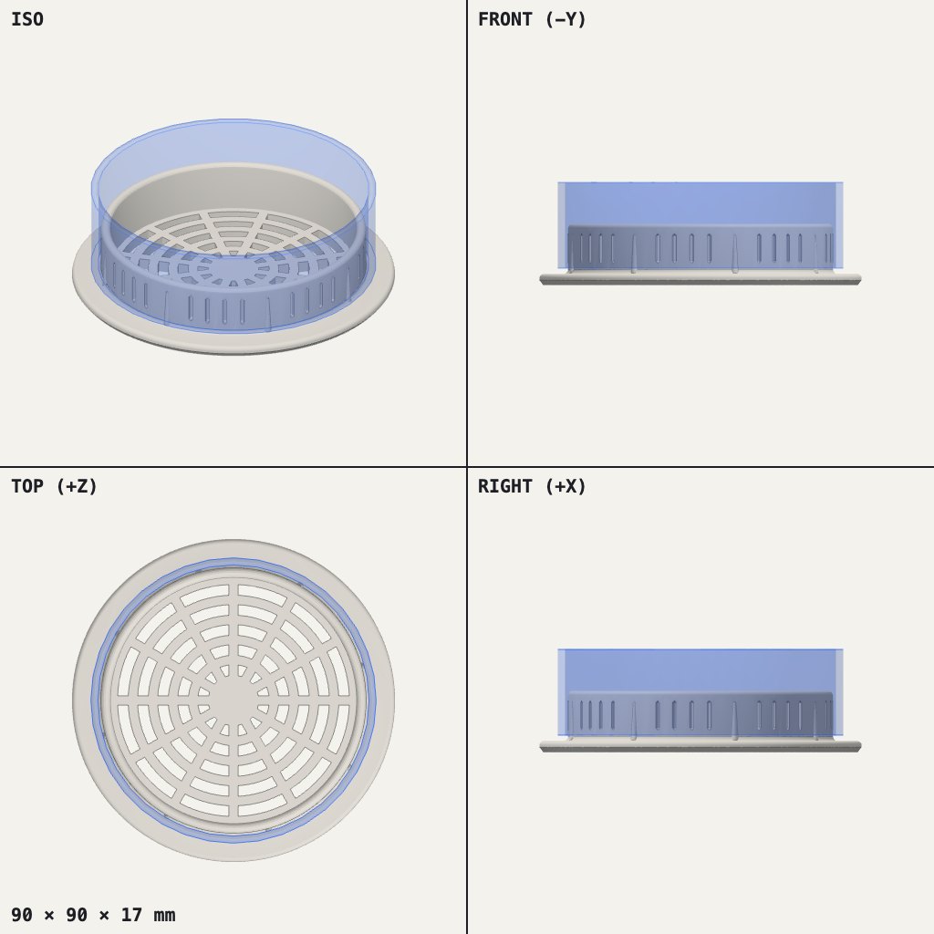 Round grille with concentric slots, a wide flat rim and a ribbed collar underneath
